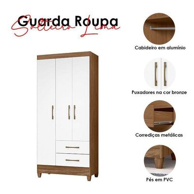Guarda Roupa Solteiro Lima 3 Portas Naturale Branco - Moval