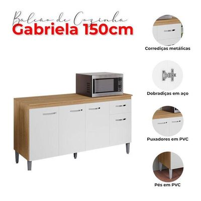 Balcão De Cozinha Ambiente Gabriela Com Tampo 150cm Amêndoa Branco - Ajl