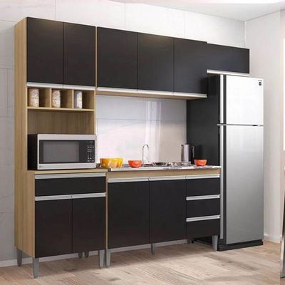 Cozinha Modulada Andréia 2,40m 10 Portas 4 Gavetas E Balcão Com Tampo Amêndoa/Preto