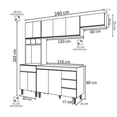 Cozinha Modulada Andréia 2,40m 10 Portas 4 Gavetas E Balcão Com Tampo Amêndoa/Preto