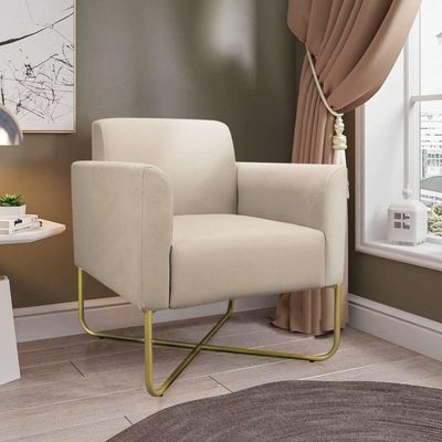 Poltrona Decorativa Base Industrial X Dourada Maressa S03 Suede Bege - Ibiza