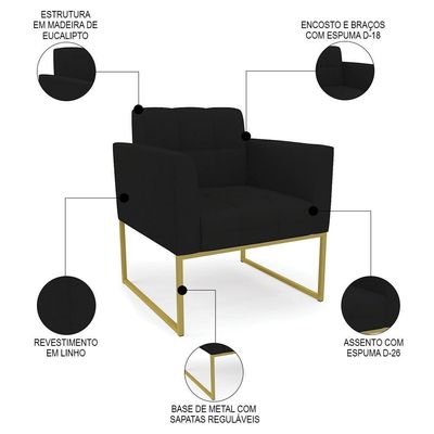 Poltrona Decorativa Base Industrial Dourado Ana Linho Preto - Ibiza