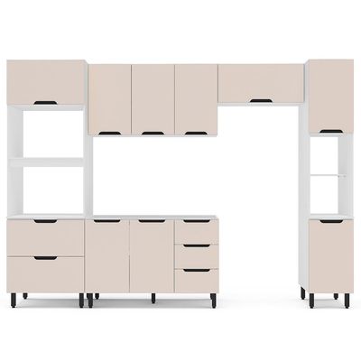 Cozinha Compacta Sem Tampo com Paneleiro Meena 10 Portas 4 Gavetas Creme e Branca