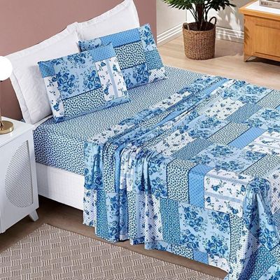 Jogo De Cama Lençol Bouti sofisticado na cor Estampado Queen 04 Peças - Azul Sereno