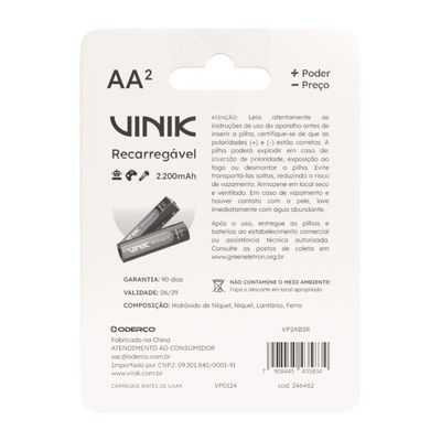 Pilha Recarregável Aa C-2 - 2200mah 1.2v - Vp2ab2r