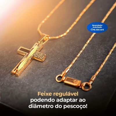 Cordão Banhado Ouro Aço + Pingente Pai Nosso + Saquinho Moda Masculina Casual Social Dourado