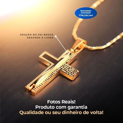 Cordão Banhado Ouro Aço + Pingente Pai Nosso + Saquinho Moda Masculina Casual Social Dourado