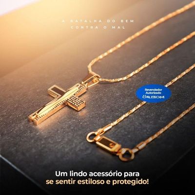 Cordão Banhado Ouro Aço + Pingente Pai Nosso + Saquinho Moda Masculina Casual Social Dourado