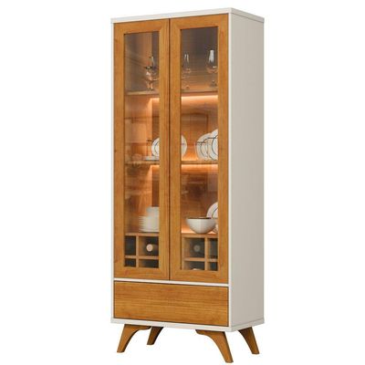 Cristaleira Adega Reflecta 2 Portas De Vidro C/ Led - Mavaular Off White/naturalle