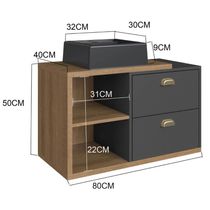 Gabinete de Banheiro Suspenso 80cm Helena com 02 Gavetas Mel/Grafite e cuba Preta