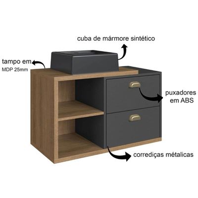 Gabinete de Banheiro Suspenso 80cm Helena com 02 Gavetas Mel/Grafite e cuba Preta