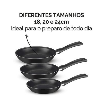 Kit de Frigideira Antiaderente Rochedo Basic C/3 PÇS 18CM 20CM E 24CM PÇS Preto