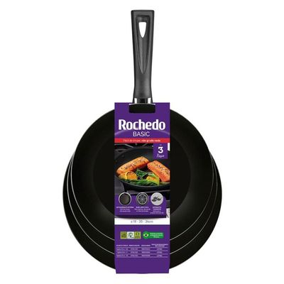 Kit de Frigideira Antiaderente Rochedo Basic C/3 PÇS 18CM 20CM E 24CM PÇS Preto