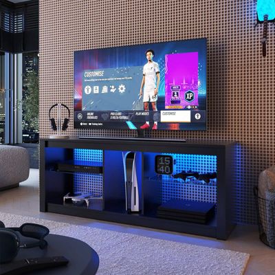 Rack Para Sala Preto Tv Até 55" Led Rgb Prateleiras em Vidro Estante Para Tv Estilo Gamer Prodecor