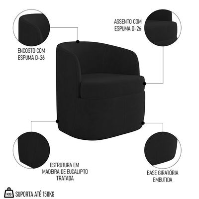 Poltrona Giratória Decorativa Para Sala Dandara K04 Veludo Preto - Mpozenato