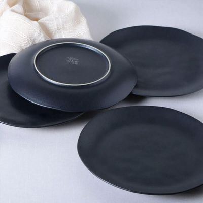 Jogo 6 Pratos Rasos Orgânicos Preto 26,5cm Cerâmica Stoneware Sushi Sashimi Porto Brasil