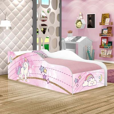 Cama Carro Fun Adesivada Unicónio Rosa Solteiro