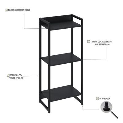 Estante Dynamica 45x30x104cm C/03 Prateleiras Preto ônix / Est.preta Preto ônix / Est.preta