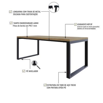 Mesa De Jantar Queens 200x90x77cm Qemj9200 Vermont Oak - Est.preta Vermont Oak/est.preta
