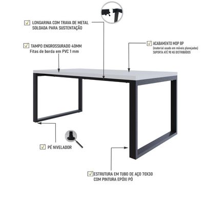 Mesa De Jantar Queens 180x90x77cm Qemj9180 Branco Tx - Est.preta Branco Tx/est.preta