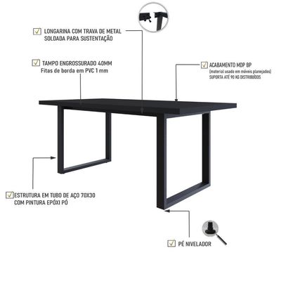 Mesa De Jantar Queens R 180x90x77cm Qemj9180r Preto Tx - Est.preta Preto Tx/est.preta