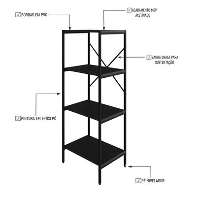 Estante C/04 Prateleiras 118x45x33cm Tub Tueh1144 Preto ônix - Est.preta Preto ônix / Est.preta