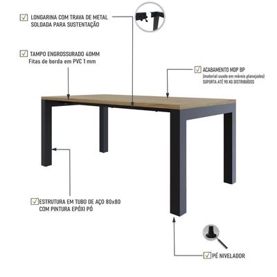 Mesa De Jantar Bronx U 180x90x77cm Brmj9180u Vermont Oak - Est.preta Vermont Oak/est.preta
