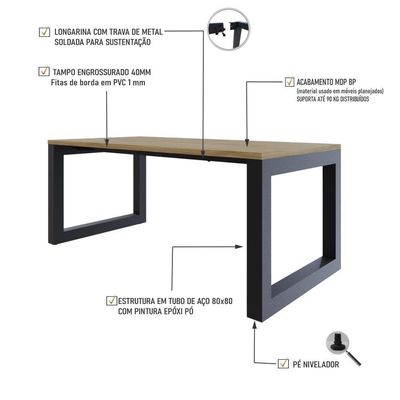 Mesa De Jantar Bronx 180x90x77cm Brmj9180 Vermont Oak - Est.preta Vermont Oak/est.preta