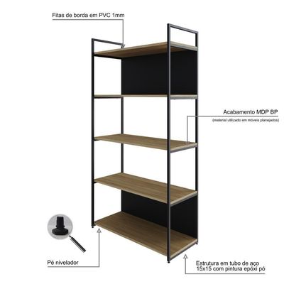 Estante C/05 Prateleiras 152x80x33cm C/fundo Yon Vermont Oak/est.preta Vermont Oak/est.preta