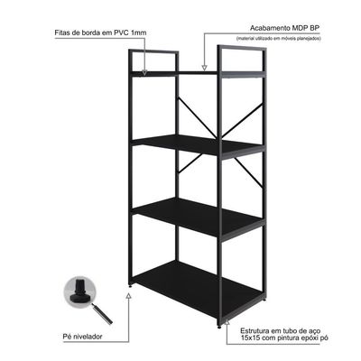 Estante C/04 Prateleiras 118x60x33cm Yon Preto Tx/est.preta Preto Tx/est.preta