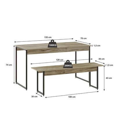 Mesa De Jantar Com 1 Banco Estilo Industrial Tub  Carvalho / Est.preta