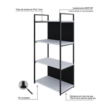 Estante C/04 Prateleiras 118x60x33cm C/fundo Yon Branco Tx/est.preta Branco Tx/est.preta