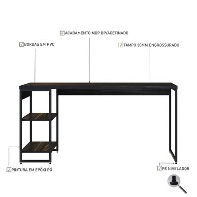 Mesa C/estante Baixa 150x64x75cm C/02 Prateleiras Preto ônix / Est.preta Preto ônix / Est.preta