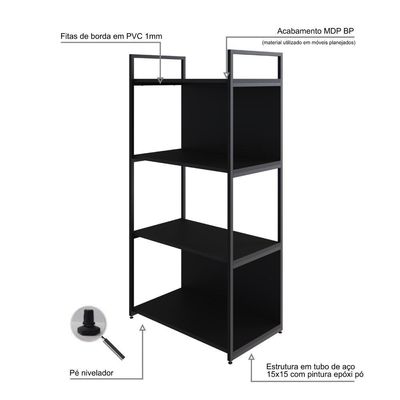 Estante C/04 Prateleiras 118x60x33cm C/fundo Yon Preto Tx/est.preta Preto Tx/est.preta