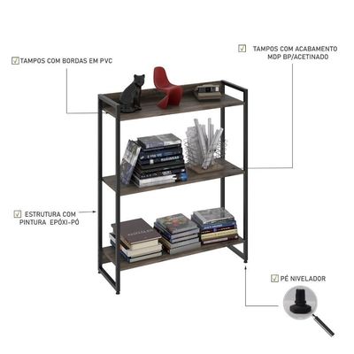 Estante Dynamica 80x30x104cm C/03 Prateleiras Carvalho Dark / Est.preta Carvalho Dark / Est.preta