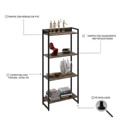Estante Dynamica 60x30x146cm C/04 Prateleiras Carvalho Dark / Est.preta Carvalho Dark / Est.preta