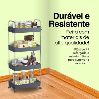Estante Móvel Compacta 4 Andares Em Plástico Cinza Com Rodas Giratórias