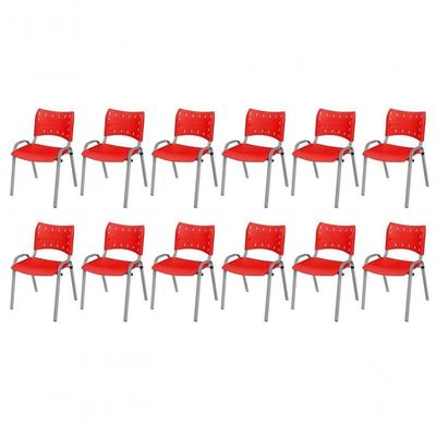 Cadeira Iso Base Cinza, Igreja, Escola, Escritório - Vermelho Kit 12 Peças