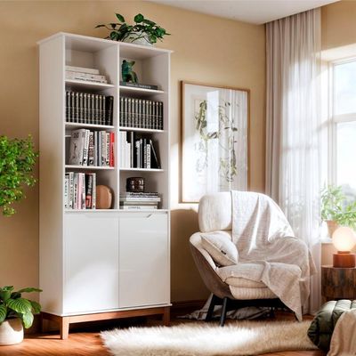 Livreiro Ej Flow 2 Portas 6 Prateleiras Com Pés Madeira Branco