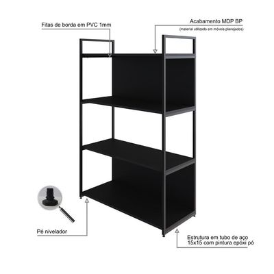 Estante C/04 Prateleiras 118x80x33cm C/fundo Yon Preto Tx/est.preta Preto Tx/est.preta
