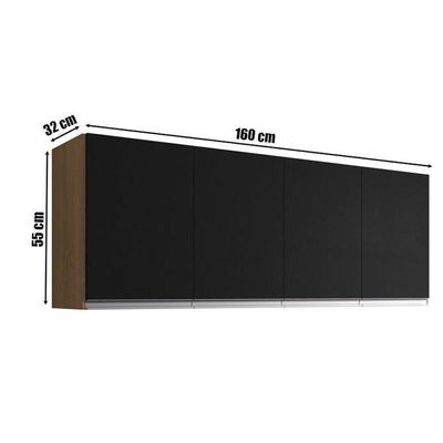 Balcão De Pia Tatiane 145 Cm E Armário Aéreo Andreia 4 Portas 150 Cm Amêndoa Preto – Ajl