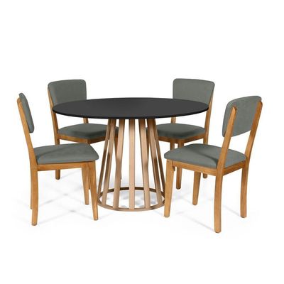 Mesa De Jantar Redonda Gabi Pret/jade Com 4 Cadeiras Estofadas Ella Cinza