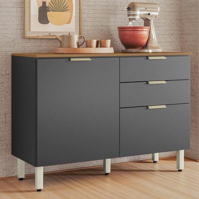 Balcão Demóbile Aspen com 2 Portas, 2 Gavetas e 1 Prateleira 120cm de Largura Amêndola com Grafite