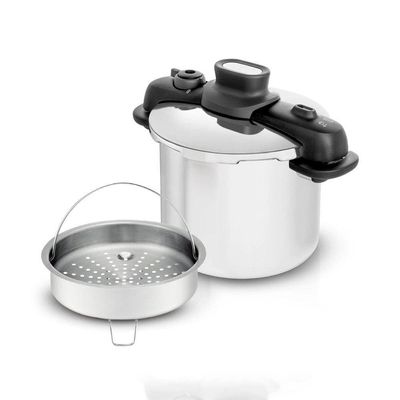 Panela de Pressão T-FAL OptiSpace em Inox com Cesto Vapor Inox