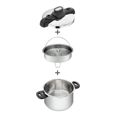Panela de Pressão T-FAL OptiSpace em Inox com Cesto Vapor Inox