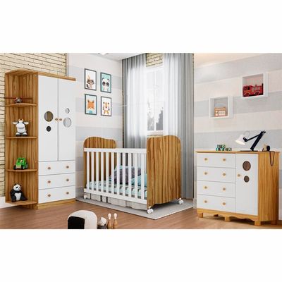 Guarda-Roupa Infantil Peroba Duda Plus, 86 cm de Largura + Cômoda com 1 Porta, 4 Gavetas, 1 Prateleira, 95,3 cm de Largura + Berço Americano Branco/Bege