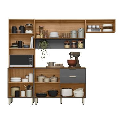 Cozinha Compacta Demóbile Aspen com Balcão, 8 Portas, 2 Gavetas e 3 Prateleiras 250cm de Largura Amêndola com Grafite