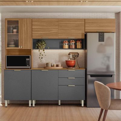 Cozinha Compacta Demóbile Aspen com Balcão, 8 Portas, 2 Gavetas e 3 Prateleiras 250cm de Largura Amêndola com Grafite