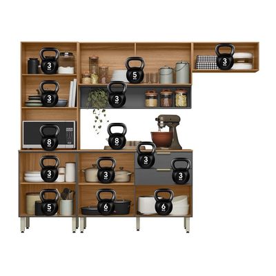 Cozinha Compacta Demóbile Aspen com Balcão, 8 Portas, 2 Gavetas e 3 Prateleiras 250cm de Largura Amêndola com Grafite