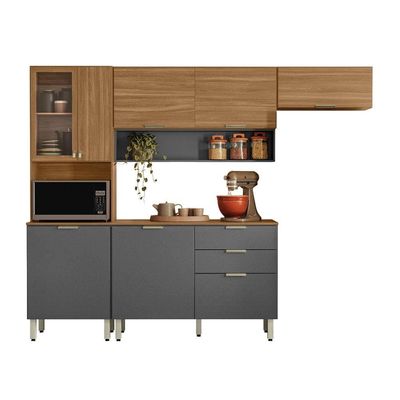 Cozinha Compacta Demóbile Aspen com Balcão, 8 Portas, 2 Gavetas e 3 Prateleiras 250cm de Largura Amêndola com Grafite